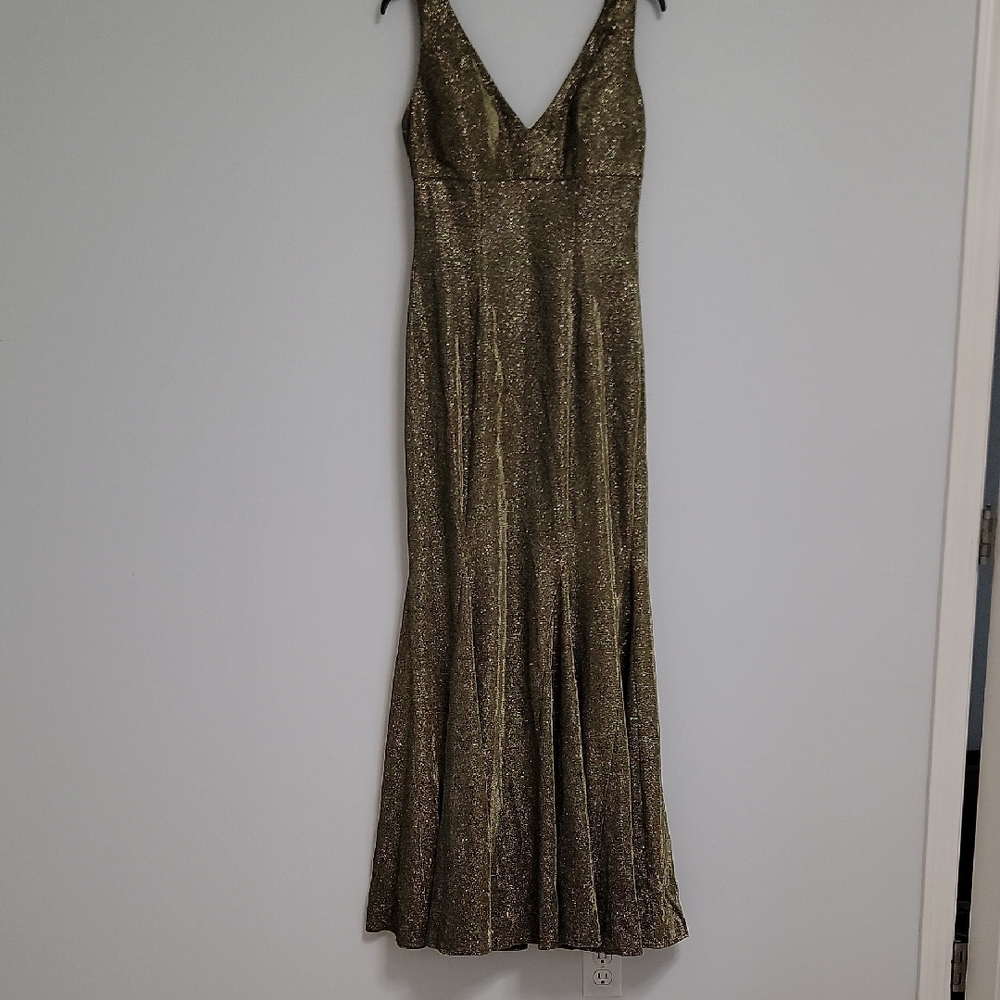 JM Collection Gold Sleeveless V-Neck Maxi Gown